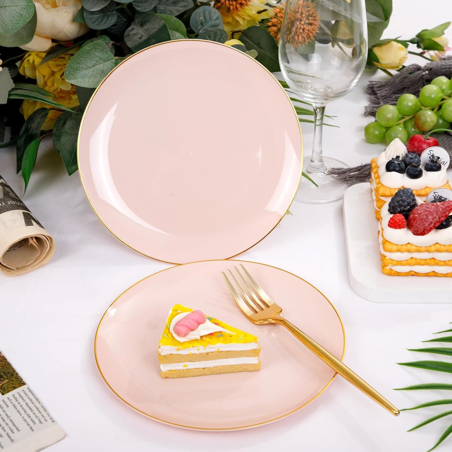 Rubtlamp 200Pcs Plastic Pink Dessert Plates with Disposable Gold Forks,Heavy Duty Pink Disposable Salad Platos,Gold Small Platos,Fancy Appetizer Plates for Mother's Day