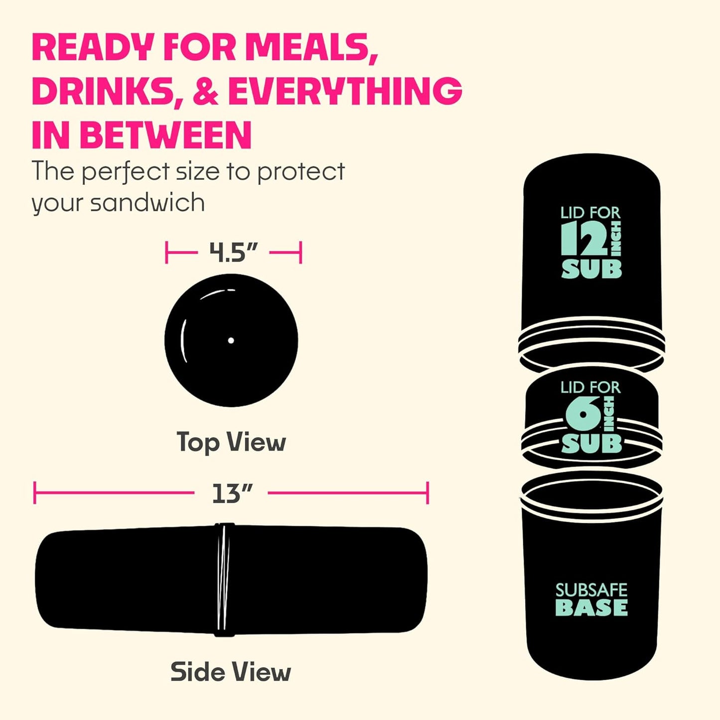 SubSafe 3-Piece Sub Sandwich Container, Hot Pink - As Seen on Shark Tank - Waterproof, Crushproof, BPA-Free Food Storage that Floats - Fits 6 & 12 in Subs - Great for Travel, Beach, Camping