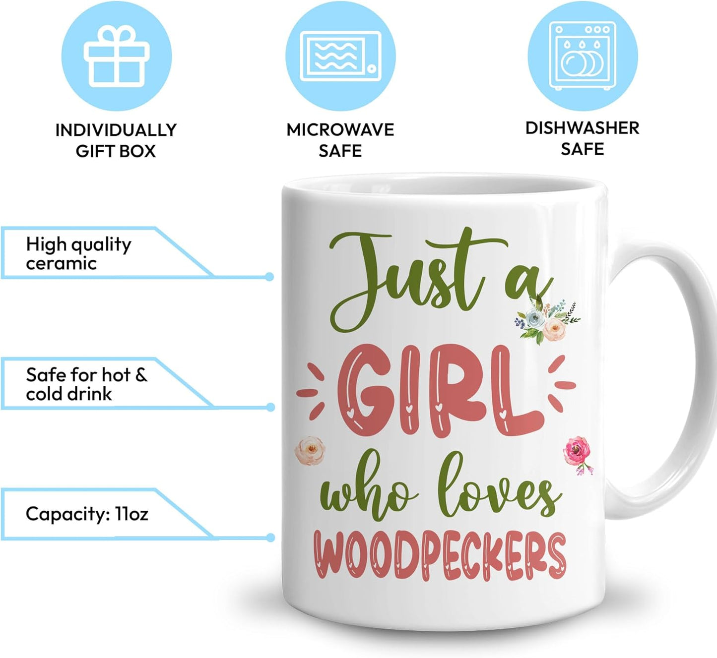 Hyturtle Personalized Gifts Woodpecker Lover - Just A Girl Who Loves Woodpeckers Custom Name Ceramic Coffee Mug Cup 11oz - Idea Cute Animal Lover Gifts For Women, Girl Daughter On Birthday, Christmas