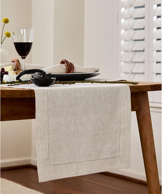 Solino Home Linen Light Natural Table Runner 156 Inches Long - 100% Pure Linen Extra Long Table Runner 14 x 156 Inch for Fall, Autumn, Thanksgiving - Classic Hemstitch
