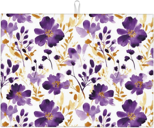 Purple Gold Floral Dish Drying Mats for Kitchen Counter & Sink, 18" x 24" Decorative Watercolor Flowers Dish Drainer Rack Mats, Absorbent Microfiber Drying Pad for Dishes, Gift for Women, Home Decor