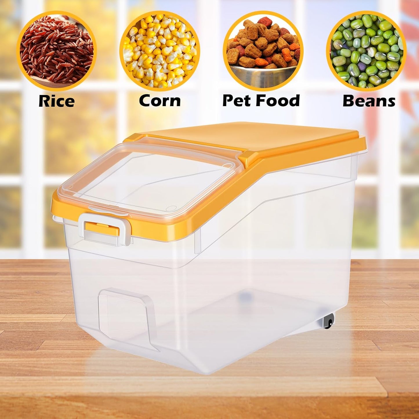 Sunnyray 4 Pcs Rice Storage Container 28 lb Airtight Flour Container with Wheels Measuring Cup Clear Pet Dog Birds Cat Food Bin Grain Cereal Organizer Box for Dry Baking Supplies(Yellow Lid)