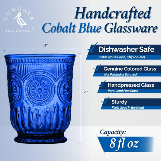 Cobalt Blue Glassware drinking glasses Set of 6, Handcrafted 8-Ounce Cups with Vintage Sunflower Pattern, Sturdy Lead-Free, Dishwasher Friendly blue drinking glasses with matching highball and goblets