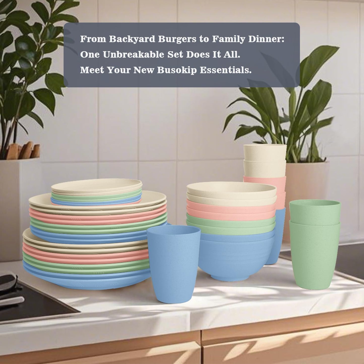 40 PCS Wheat Straw Dinnerware Sets | Service for 8, Unbreakable Plates and Bowls Sets - Dinner Plate, Cereal Bowl, Drinking Cups, Dishwasher & Microwave Safe for Kitchen, Camping,RV - Colorful