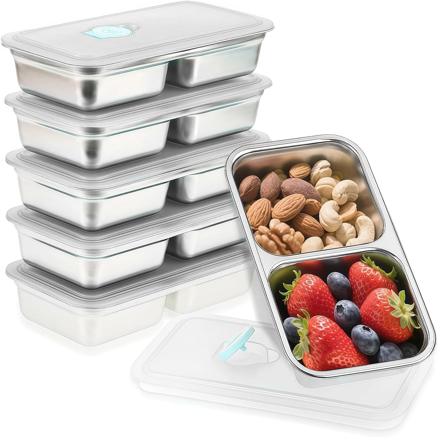 6Pcs 304 Stainless Steel Snack Containers, 30 oz 2 Compartments Portable Food Storage Bento Boxes with Leakproof Lids, Divided Meal Prep Lunch Box Food Container Dishwasher Safe