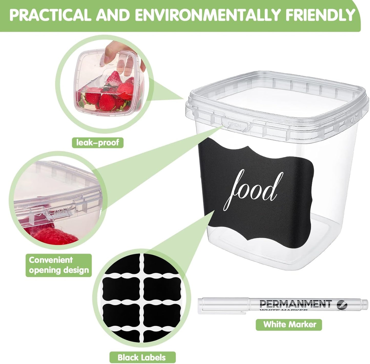 Jinei 50 Pcs Plastic Deli Containers with Lids Clear Square Food Storage Containers Stackable Airtight Square Container with Lids with 9 Labels and Marker for Kitchen Storage Meal Take out (8 oz)