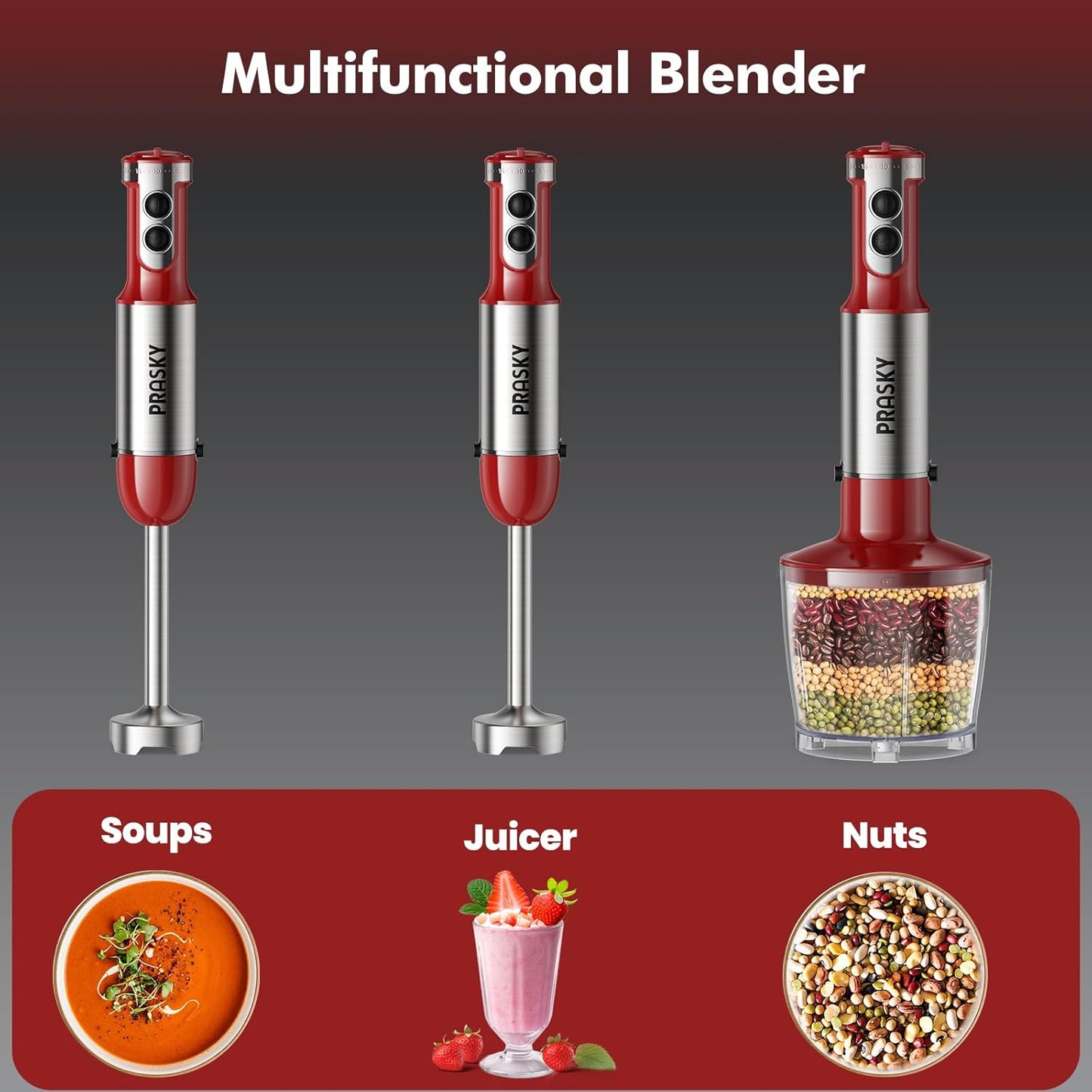 Immersion Blender Handheld，1200W Hand Blenders, 20 Speed & Turbo Mode Hand Held Blender, Stainless Steel Blades, Milk Frother Wand, Whisk, 600ml Beaker, 500ml Chopper (Red)