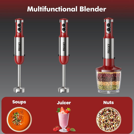 Immersion Blender Handheld，1200W Hand Blenders, 20 Speed & Turbo Mode Hand Held Blender, Stainless Steel Blades, Milk Frother Wand, Whisk, 600ml Beaker, 500ml Chopper (Red)