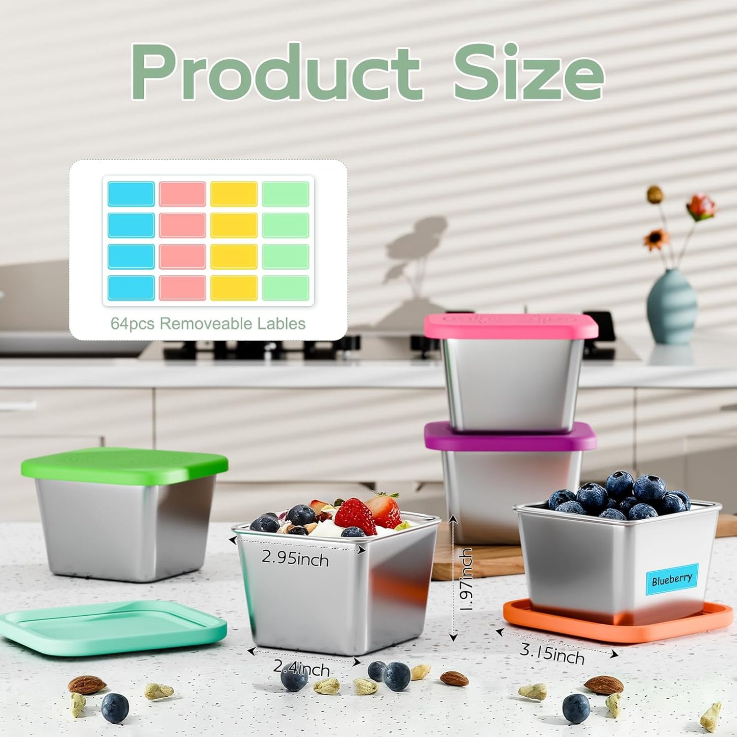 6-Pack 6oz Stainless Steel Snack Containers for Kids, Leak-Proof Metal Toddler Food Storage Containers with Silicone Lids & 64 Writable Labels, Stackable Lunch Box for School, Office, Picnic, Home