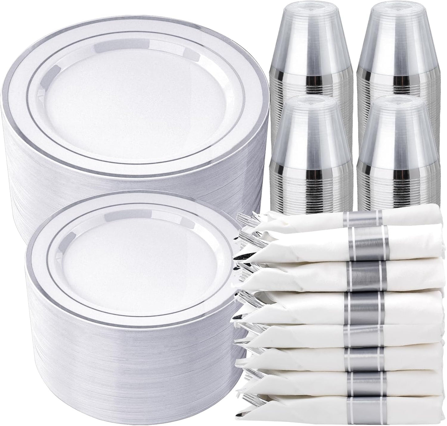 350 PCS White and Silver Plastic Dinnerware Set for 50 Guests, 100 Disposable Plates for Party, 50 Pre Rolled Napkins with Silver Silverware, 50 Cups