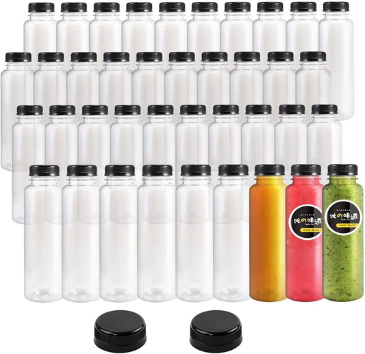 48pcs 8oz Plastic Juice Bottles with Caps, Empty PET Disposable Plastic Bottles, Clear Bulk Drink Containers with Black Tamper Evident Lids for Juicing, Drinking and Other Beverages