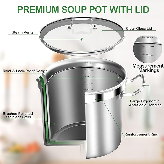 Stainless Steel Stock Pot with Lid – 24 Quart (6 Gallon) Heavy-Duty Cooking Pot for Soup, Stew, Pasta – Commercial & Home Use, Easy to Clean