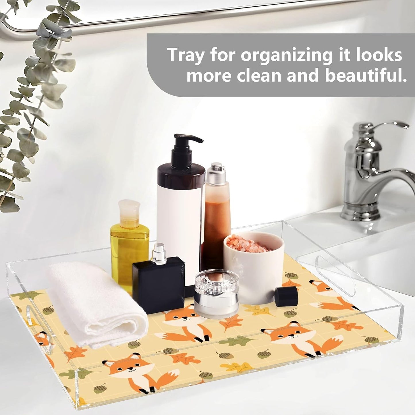 Acrylic Serving Tray with Handles Spill Proof Kitchen Storage Tray Clear Decorative Tray Makeup Drawer Organizer Storage Tray for Bathroom Living Room Ottoman 15.7x11.8Inches
