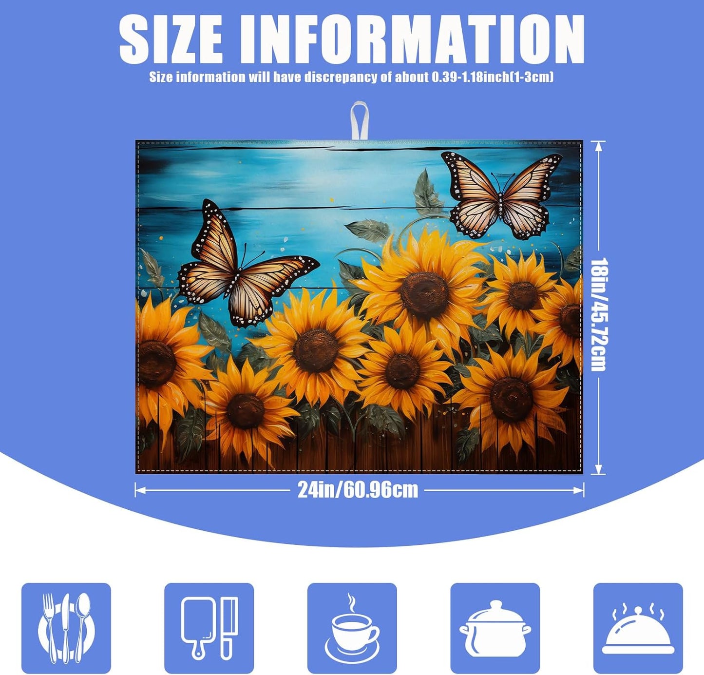 Sunflower Butterfly On Wooden Board Dish Drying Mat for Kitchen Counter Drying Pad Absorbent Reversible Dish Drainer Rack Mats Draining Pad 18"x24"Inch