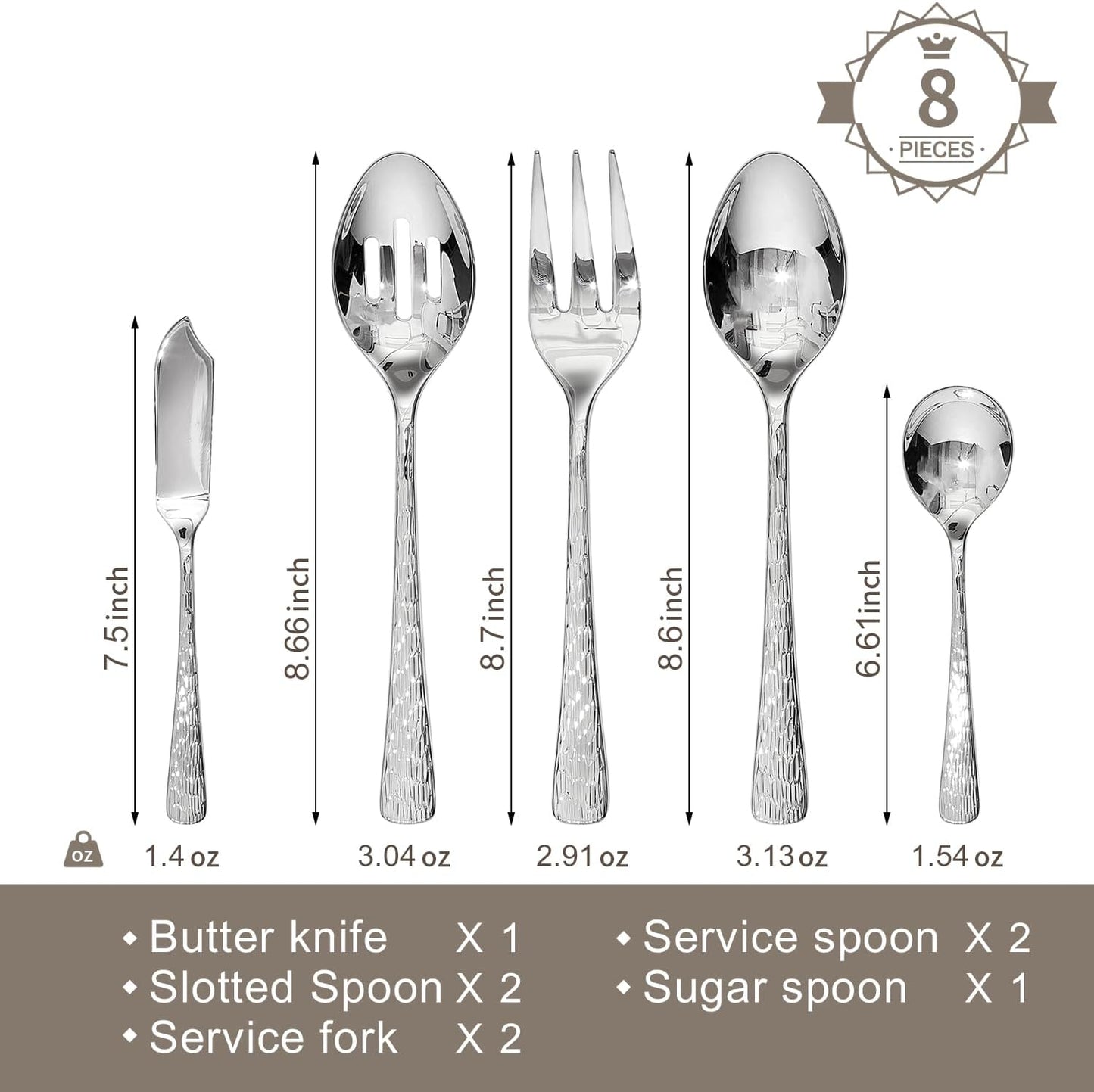KINGSTONE Hammered 8-Piece Serving Utensil Set, 18/10 Stainless Steel Flatware for Catering, Party Include Spoons, Slotted Spoon, Fork, Butter Knife - Mirror Finish & Dishwasher Safe