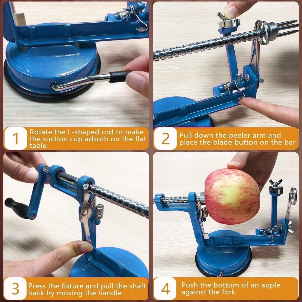 Apple Peeler, Slicer Corer Potato Peelers 3 In 1, Stainless Steel Heavy Duty Suction Cup Base And 7 Extra Blades (Blue)