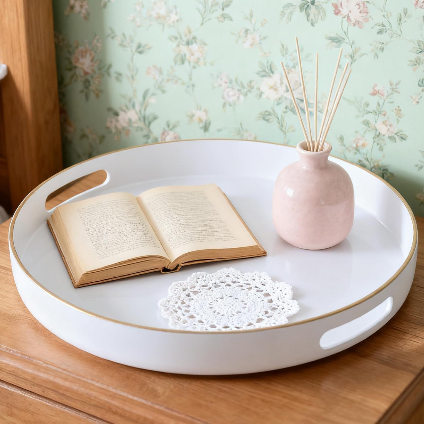 Zosenley Decorative Tray, Round Plastic Tray with Handles, Modern Vanity Tray and Serving Tray for Ottoman, Coffee Table, Kitchen and Bathroom, Size 13” (White)