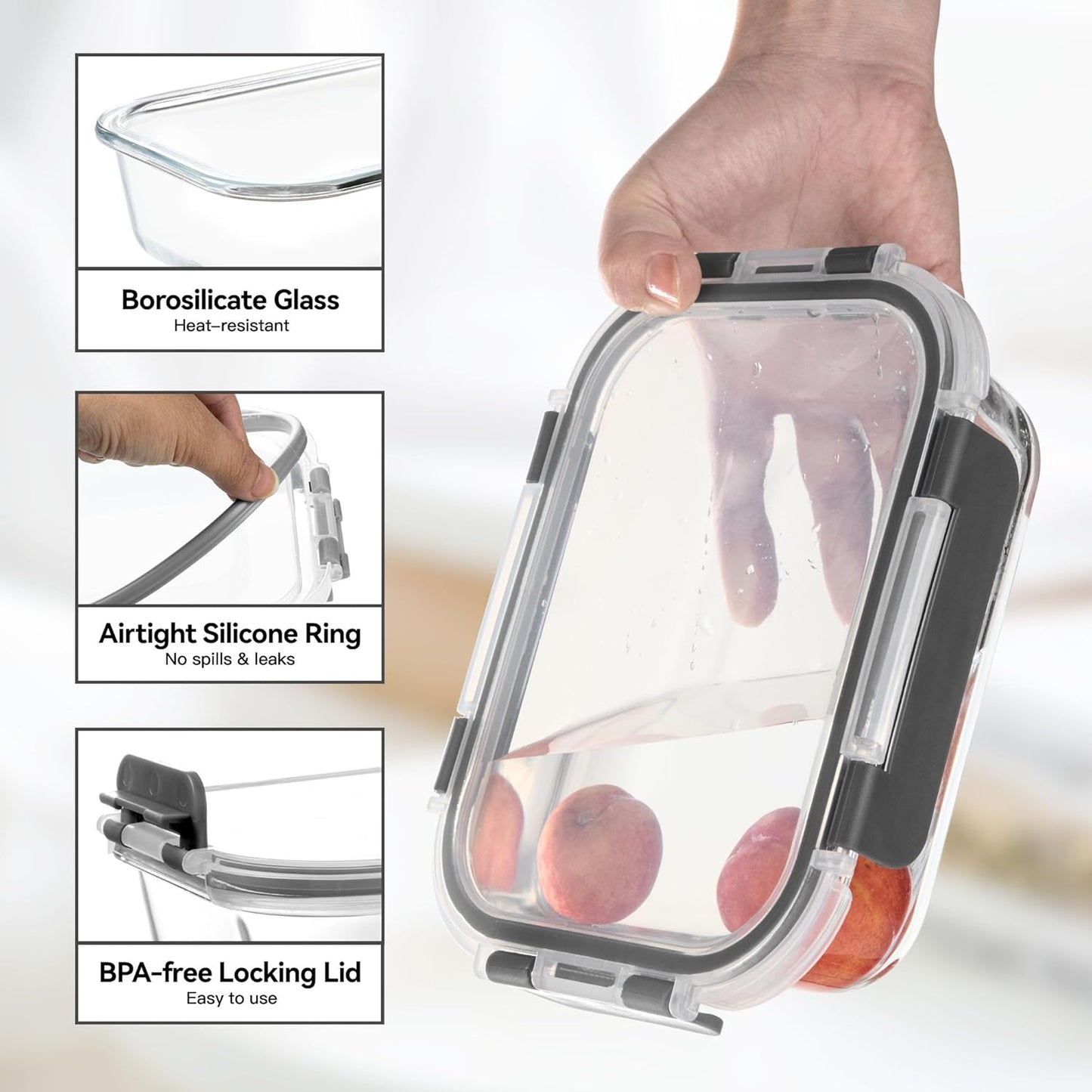 BAYZZ Glass Food Storage Containers, 5 Pack 35 Oz Glass Meal Prep Containers, Lunch Boxes with Airtight BPA-Free Lids, Microwave, Freezer and Dishwasher Safe