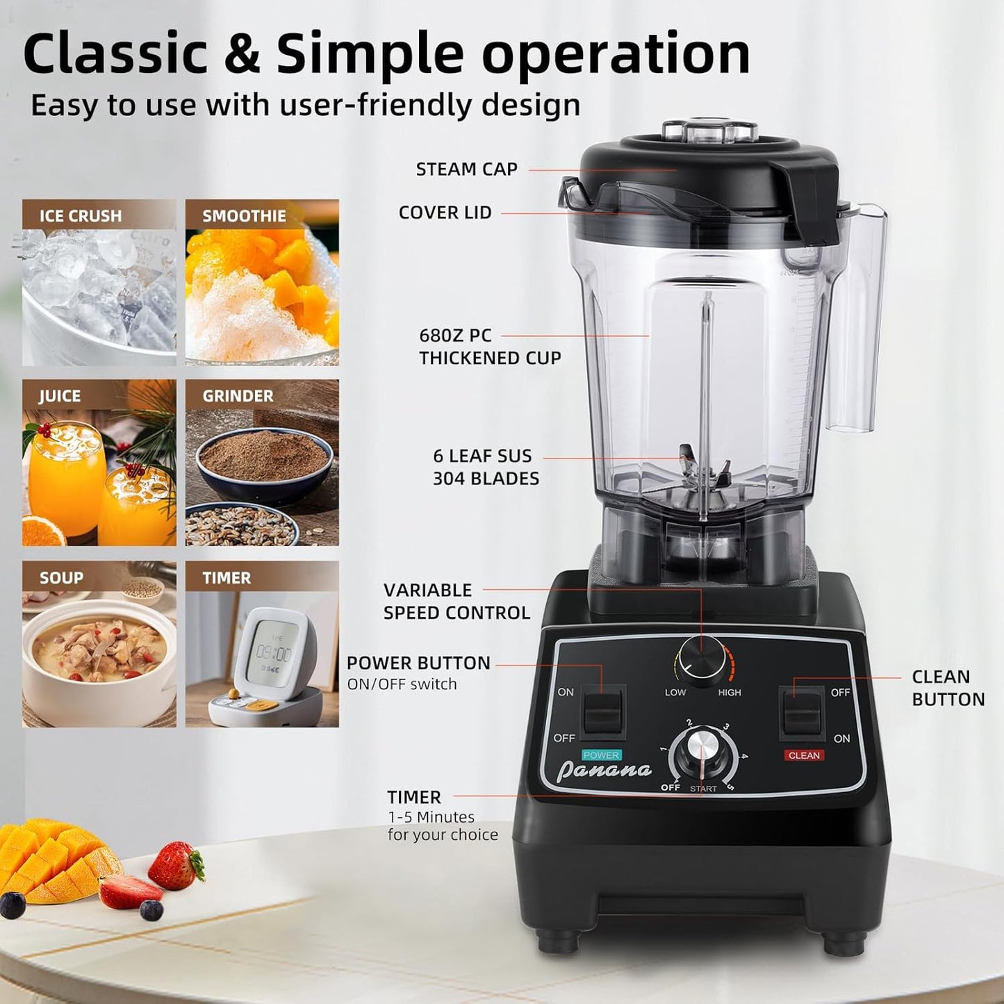 Panana Professional Countertop Blender, 1400W for Shakes and Smoothies, Home & Commercial With Timer and Speed Control, 68oz BPA-Free, Dishwasher Safe