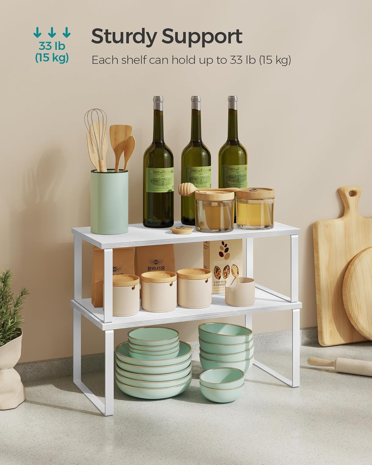 SONGMICS Cabinet Organizer Shelf, Set of 4 Kitchen Counter Shelves, Kitchen Storage, Spice Rack, Stackable, Expandable, Metal and Engineered Wood, Cloud White and Snow White UKCS028W01