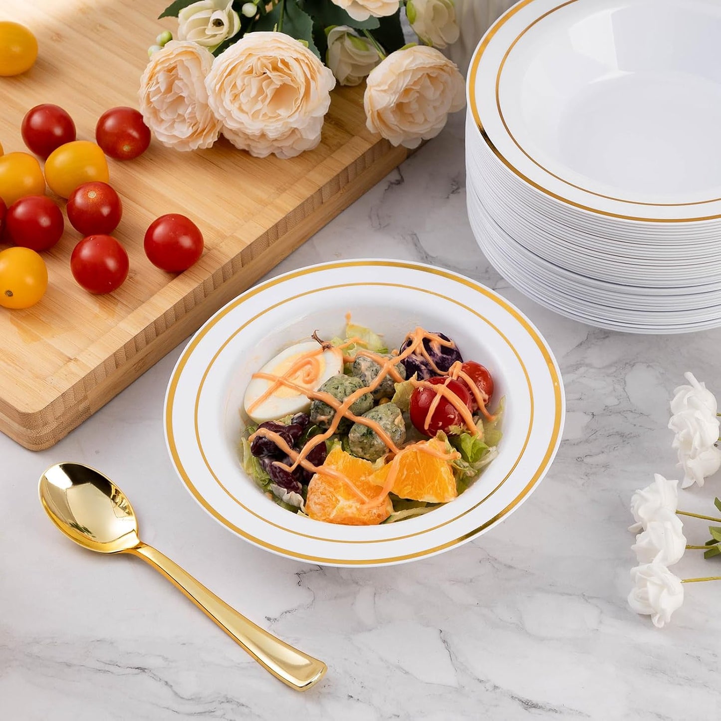 Goodluck 100 Pack Plastic Bowls with Gold Rim, 12oz Disposable Soup Bowls, Heavy Duty Dessert Bowls for Weddings, Parties, Dinners, Catering, Thanksgiving and Everyday Use