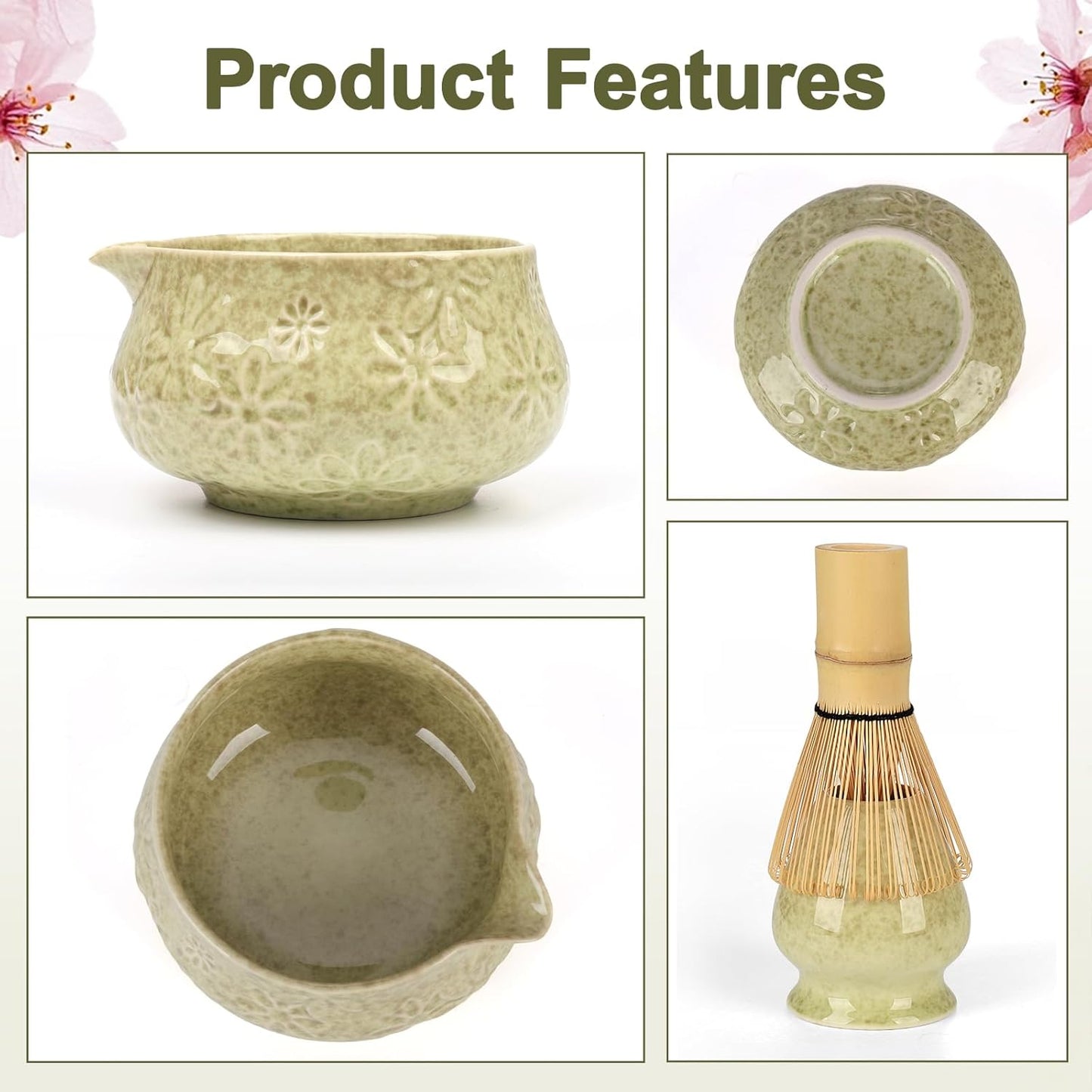 Matcha Whisk Set, 7 Pcs Matcha Kit Includes Matcha Bowl, Whisk and Holder, Bamboo Scoop, Scoop Rest, Sifter and Tea Towel, Gift for Matcha Lover (Mottled Green)