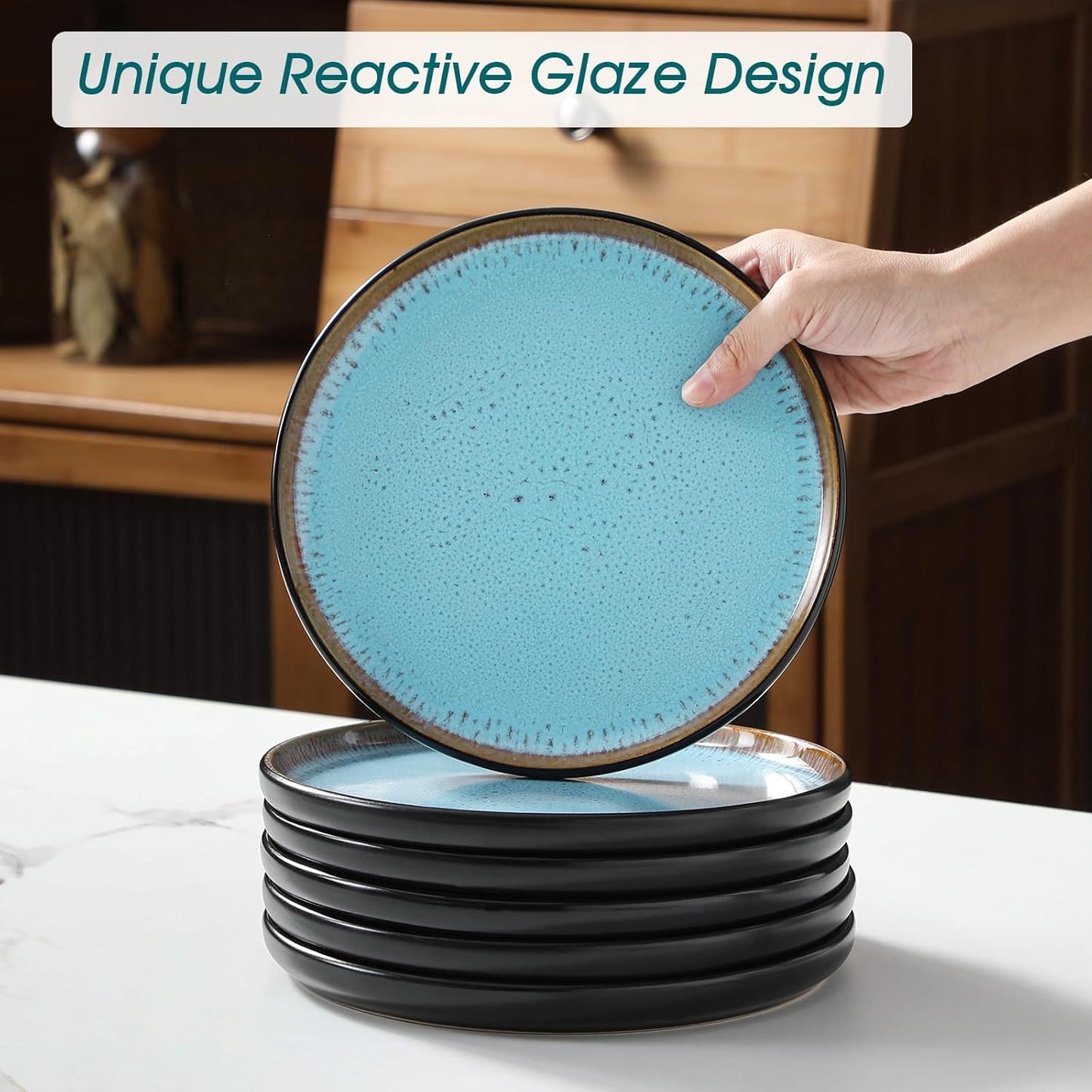 vancasso Plates and Bowls Sets, 24 Pieces Stoneware Dinnerware Sets for 8, Kitchen Dish Set Mircowave and Dishwasher Safe Dinner Set Ceramic Dishware, Sky Blue, Series AMBER