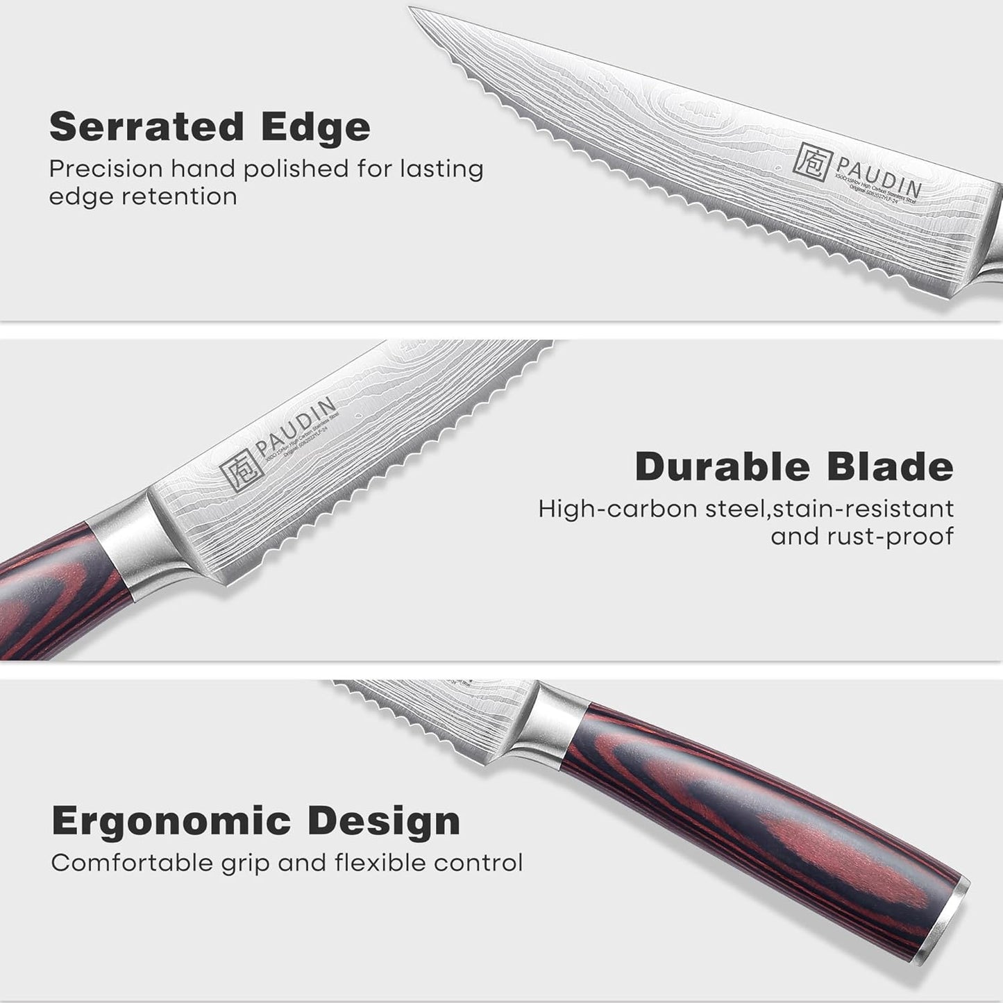 PAUDIN Steak Knives Set of 6, Kitchen Steak Knife 4.5 Inch, High Carbon Stainless Steel Steak Knives, Serrated Steak Knife with Pakkawood Handle, Dinner Knives with Gift Box