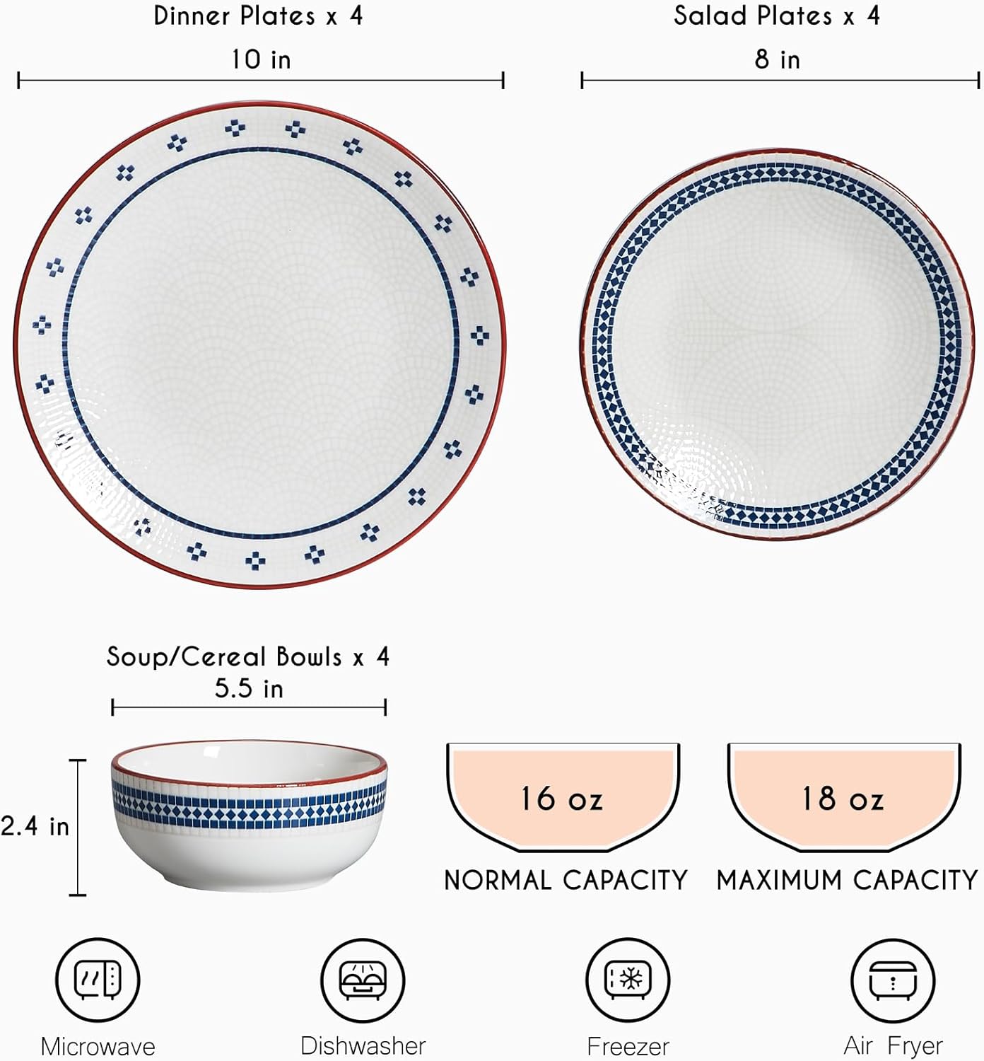 12-Piece Stoneware Dinnerware Set for 4, Geometric Vintage Plates & Bowls, Scratch-resistant Dishwasher & Microwave Safe Dishware, Modern Tableware Service for Everyday Use or Entertaining