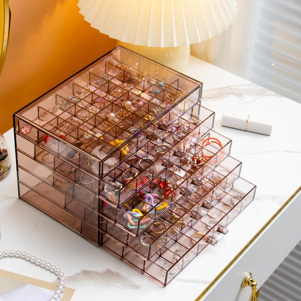 Earring Storage Box Organizer, Acrylic Jewelry Storage Box Holder 5 Drawers Transparent Jewelry Display Stand with 120 Small Compartments Gift Boxes for Women Girls (Clear Purple Brown)