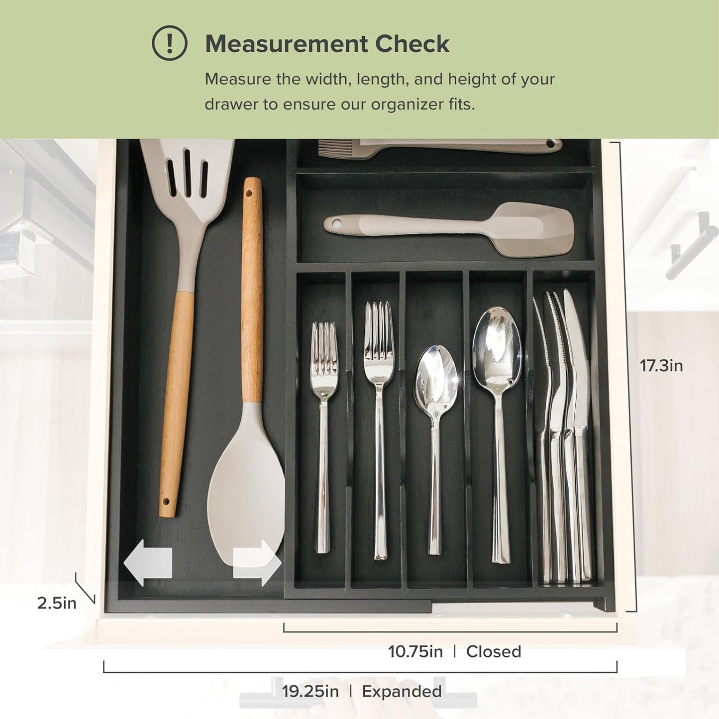 KitchenEdge Premium Silverware, Flatware and Utensil Organizer for Kitchen Drawers, Food-Safe Contract Grade, Expandable from 10.5 to 19 In, Black Bamboo