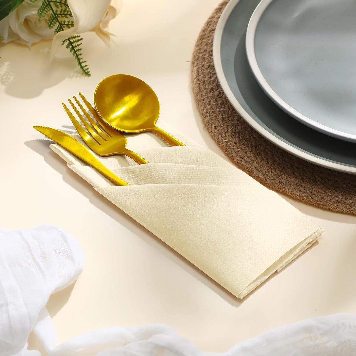 Qilery 50 Pcs Paper Linen Napkins Disposable Airlaid Paper Prefolded Dinner Napkins with Built in Flatware Pocket for Silverware Valentine Wedding Party Christmas Day (Champagne)