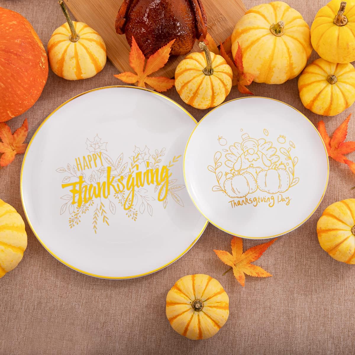 KIRE 25 Guests Gold Plastic Plates - Thanksgiving Plates with Turkey pattern & Gold Disposable Cutlery & Plastic Cups - Perfect for Thanksgiving, Halloween, Parties, Autumn Holiday