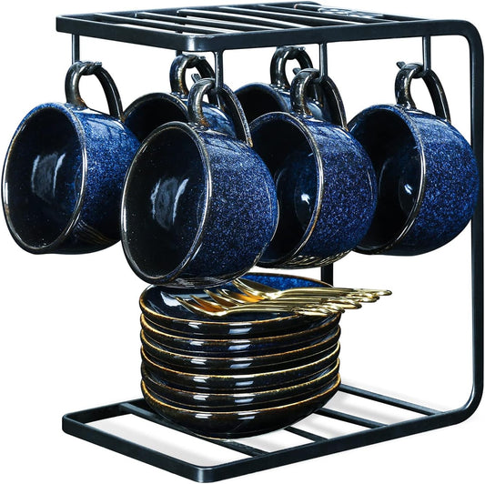 vicrays Ceramic Espresso Coffee Cups Set 4 oz Porcelain Espresso Cups with Saucers Spoons and Metal Stand for Tea Cafe Cappuccino Latte - Set of 6 - Blue