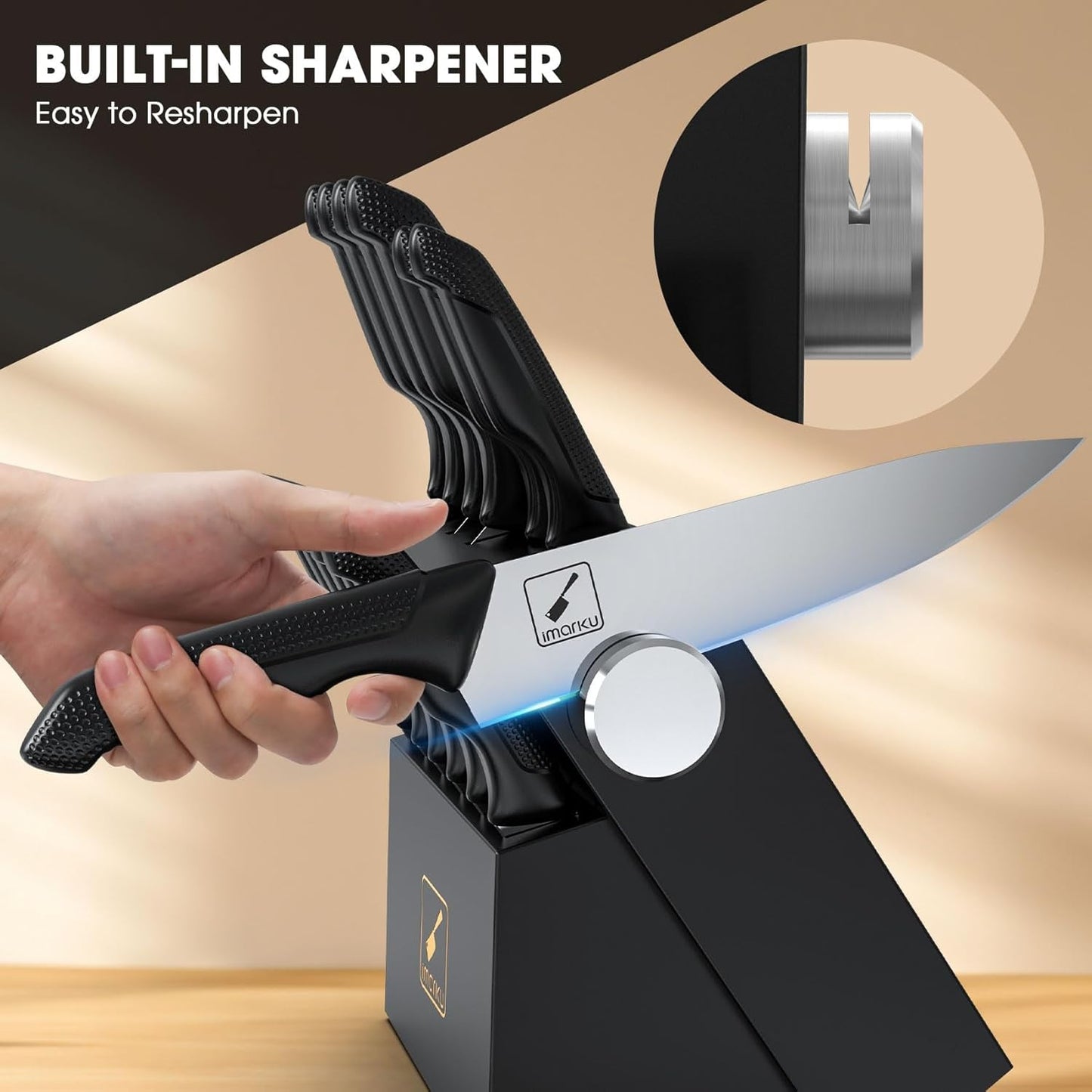 imarku Knife Set with Block, Sharp Knives Set with Built-in Sharpener, Stainless Steel Kitchen Knife Sets with Non-Slip Ergonomic Handle, Dishwasher Safe, 14 PCS Professional Knife Set for Gift, Black