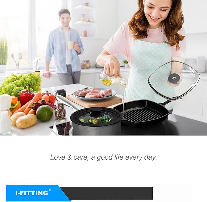 Square Glass Lid for Grill Pans with Steam Vent Hole - Fits Lodge Cast Iron Skillets 10.5inch/26.67cm Silicone Potholder- Square Tempered Glass Lid - Universal Replacement Cover Silicone Knob