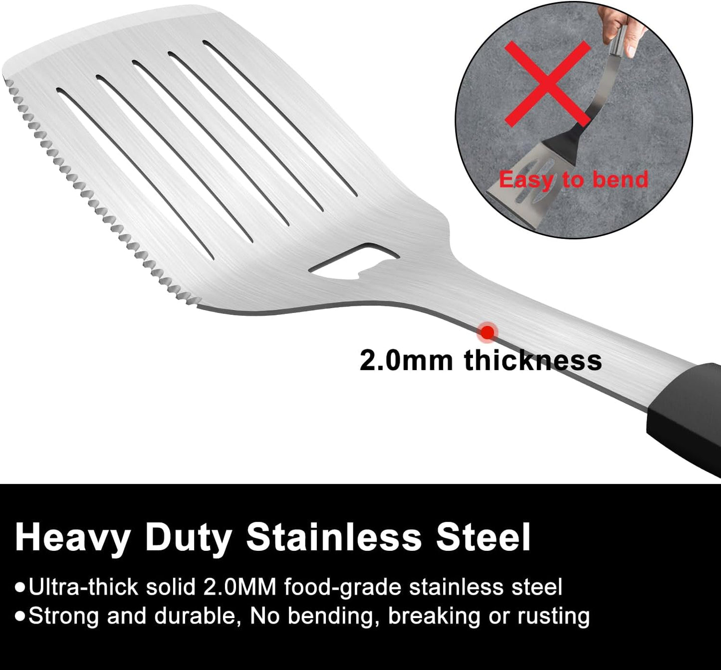 15.8'' Stainless Steel Grill Spatula for Outdoor Grill, 3-in-1 Metal BBQ Spatula Turner with Full Tang Silicone Handle and Serrated Edge, Heavy Duty Barbecue Tools Spatula for Grilling Cooking