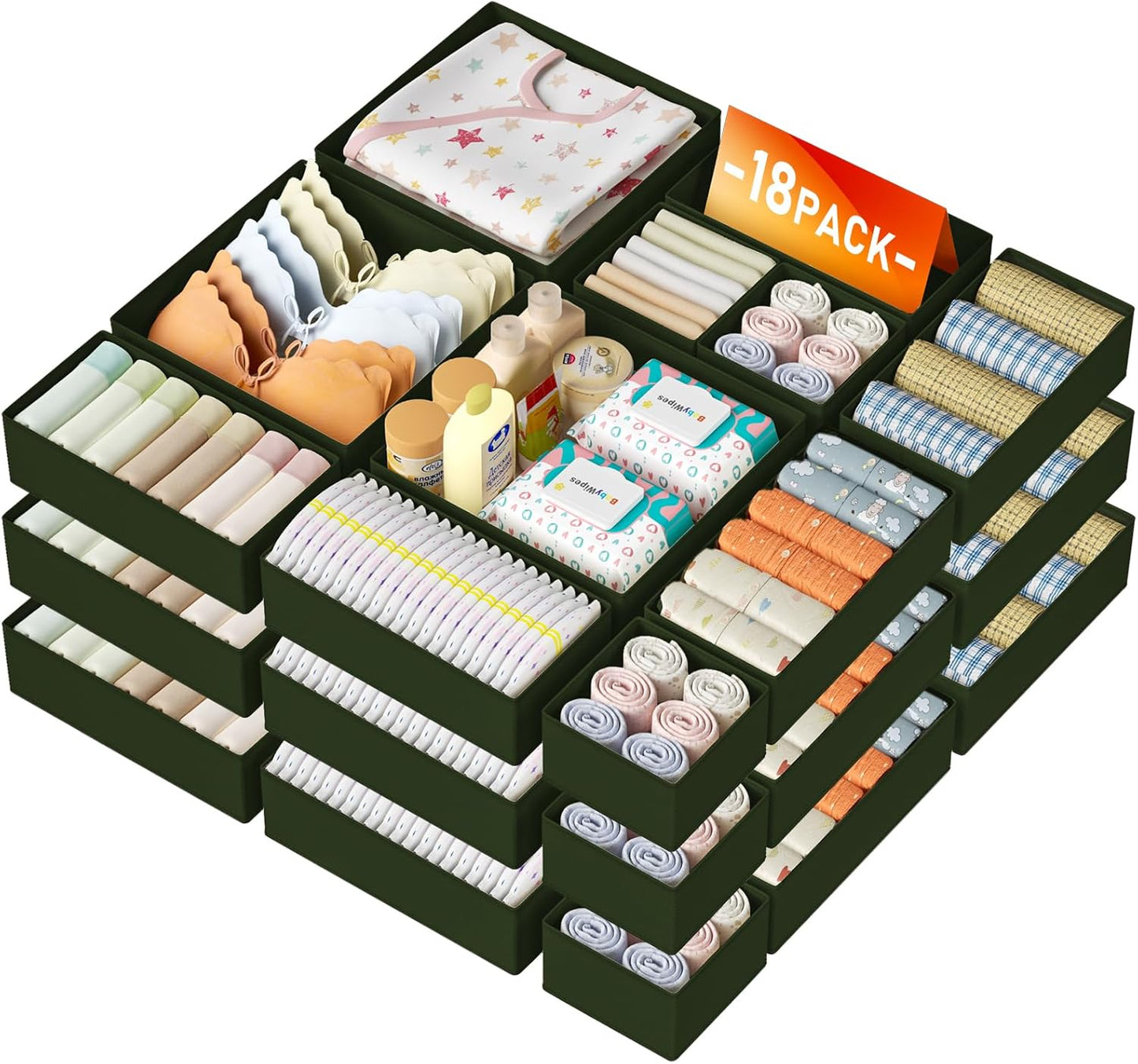 DIMJ Drawer Organizer Clothes Storage - 18 Pack Baby Dresser Organizer for Nursery, Foldable Closet Drawer Organizer Bins for Bedroom Organization, Fabric Storage Dividers for Socks, Underwears, Green