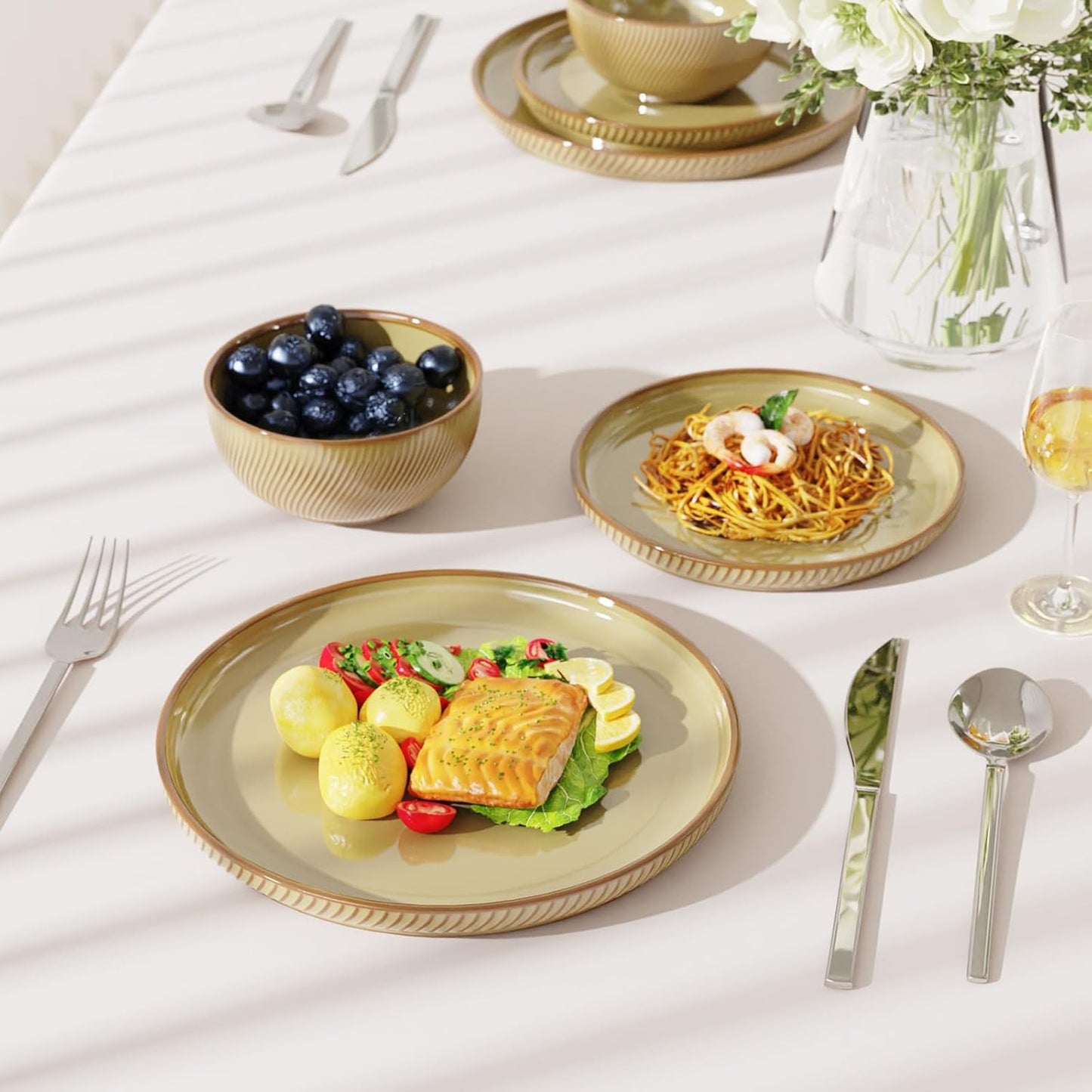 Earthsong Dinnerware Sets for 8, 24-Piece Ceramic Plates and Bowls Set, Dishwasher and Microwave Safe Stoneware Dishes Set, Ribbed, Caramel Dusk