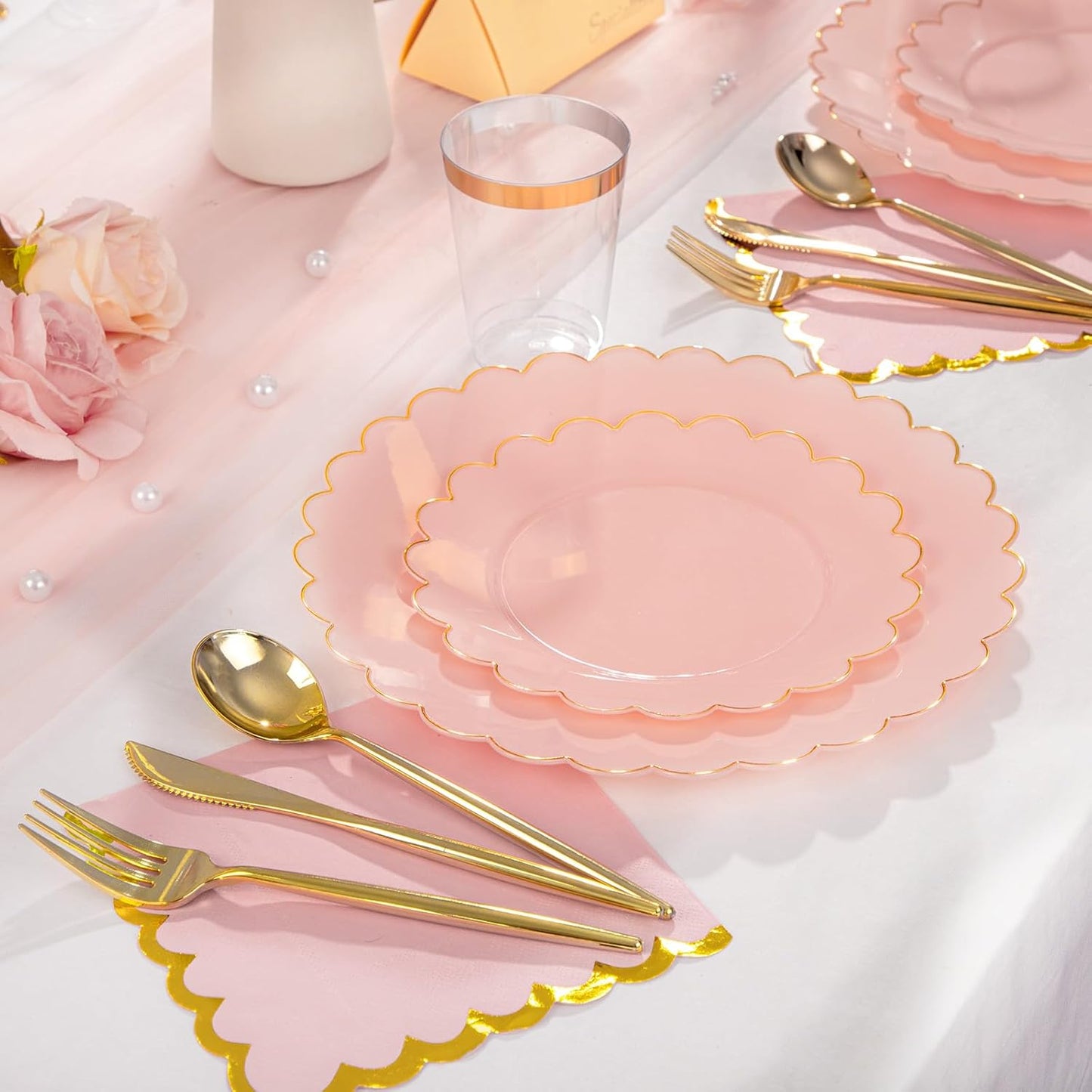 LIYH 210 Pcs Pink and Gold Scalloped Plastic Plates - Disposable Dinnerware Set, Include Gold Plastic Silverware, Pink Plates and Napkins Party Supplies for Birthday Wedding