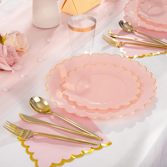 LIYH 210 Pcs Pink and Gold Scalloped Plastic Plates - Disposable Dinnerware Set, Include Gold Plastic Silverware, Pink Plates and Napkins Party Supplies for Birthday Wedding
