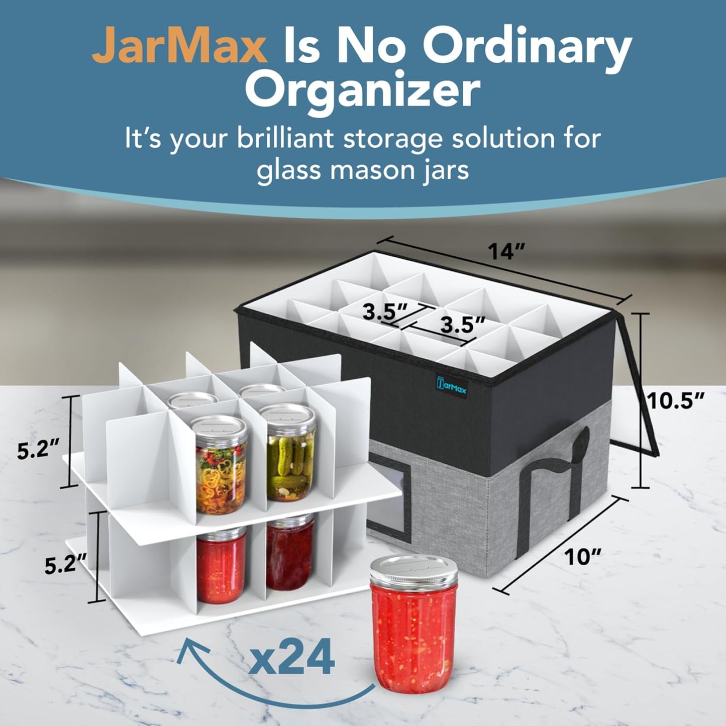 2 Tier 16 oz Pint Mason Jar Storage, Sturdy Pantry Canning Jar Storage Containers, Holds 24 Pint Ball Mason Jars, Foldable Canning Organizer, Stackable Storage Box with Lid & Label holder