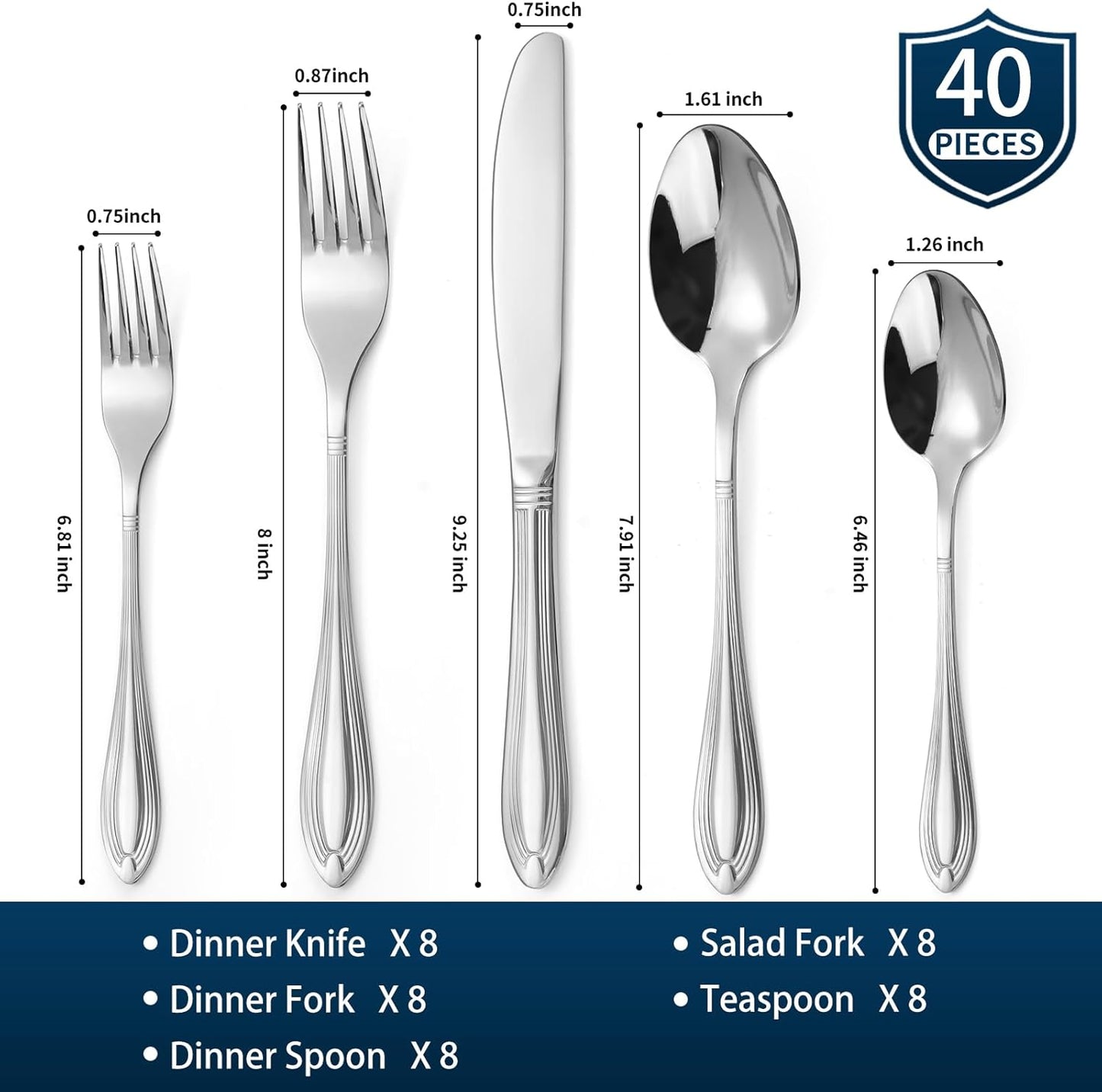 Silverware Set for 8, 40-Piece Flatware Set Include Spoons And Forks Set, Stainless Steel Cutlery Set with Line Pattern, Mirror Polished, Dishwasher Safe.