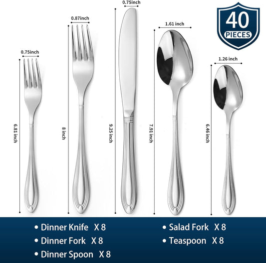 Silverware Set for 8, 40-Piece Flatware Set Include Spoons And Forks Set, Stainless Steel Cutlery Set with Line Pattern, Mirror Polished, Dishwasher Safe.