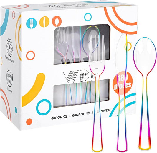 WDF 180 PCS Rainbow Plastic Silverware - Clear Colorful Cutlery Disposable Heavy Duty Include 60 Forks, 60 Knives and 60 Spoons - Colorful Disposable Utensils for Trolls Party/Birthday Party