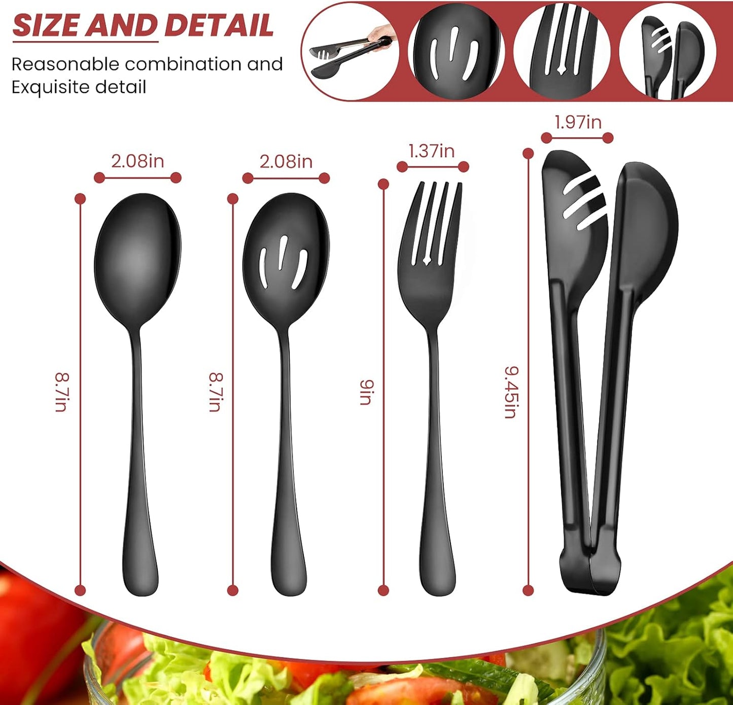 Patelai 8 Pieces Christmas Stainless Steel Black Serving Utensils Set 8.7" Large Spoons and Slotted Spoon 9.45" Tong 9" Forks Flatware Wedding Party Buffet Banquet Cooking Kitchen Catering