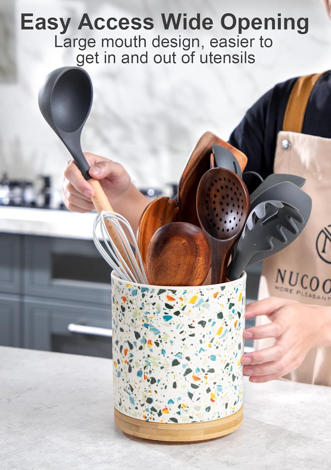 Nucookery 360°Rotating Utensil Holder, 7.2" Kitchen Utensil Crock, Ceramic Cooking Utensil Organizer with Countertop-Protection Cork Bottom for Farmhouse Kitchen Decor Christmas (Marble Pattern)