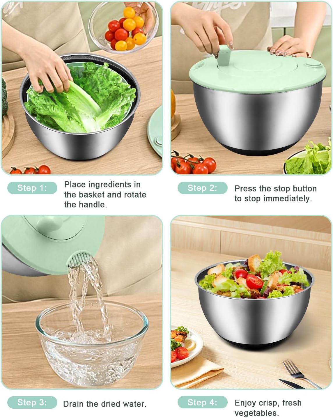 5.3QT Salad Spinner Large,Stainless Steel Lettuce Spinner,Fruit Vegetables Wash Bowl with 5 Blade Slicer,Egg Yolk Strainer Slicer Shredder,Kitchen Colander for Salad Make and Food Washing