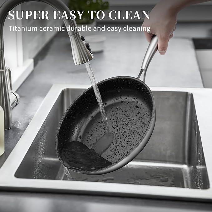 Innerwell Stainless Steel Frying Pan Set, Titanium Ceramic 10” and 12” Non Stick Frying Pan Skillet Set with Lids, No Toxic Nonstick Egg Omelet Cooking Pan Set, Induction Compatible, PFAS&PTFE Free