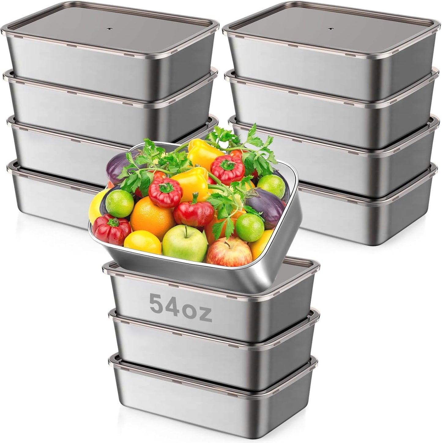 12 Pcs Stainless Steel Food Storage Containers with Brown Lids, 54 oz Metal Lunch Bento Box Reusable Stackable Meal Prep Container for Kitchen Picnic Travel, Freezer& Dishwasher Safe